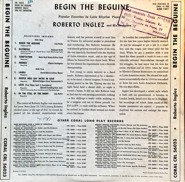 Roberto Inglez And His Orchestra : Begin The Beguine (10", Mono)