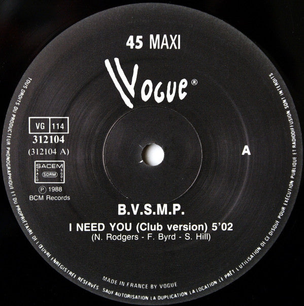 B.V.S.M.P. : I Need You (12")