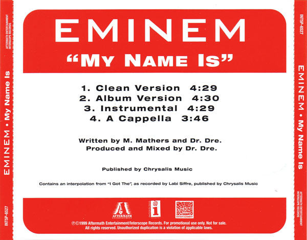 Eminem : My Name Is (CD, Single, Promo)