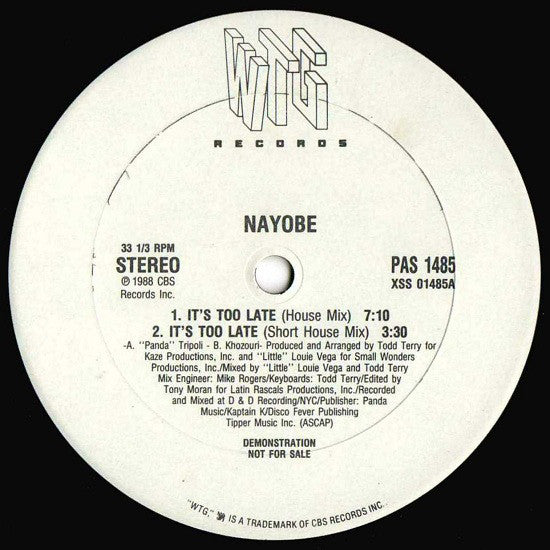 Nayobe : It's Too Late (12", Promo)