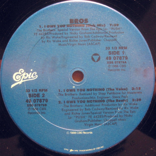 Bros : I Owe You Nothing (12", Promo)