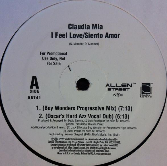 Claudia Mia : I Feel Love / Siento Amor (12", Promo)