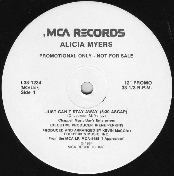 Alicia Myers : Just Can't Stay Away / Appreciation (12", Promo, Pin)