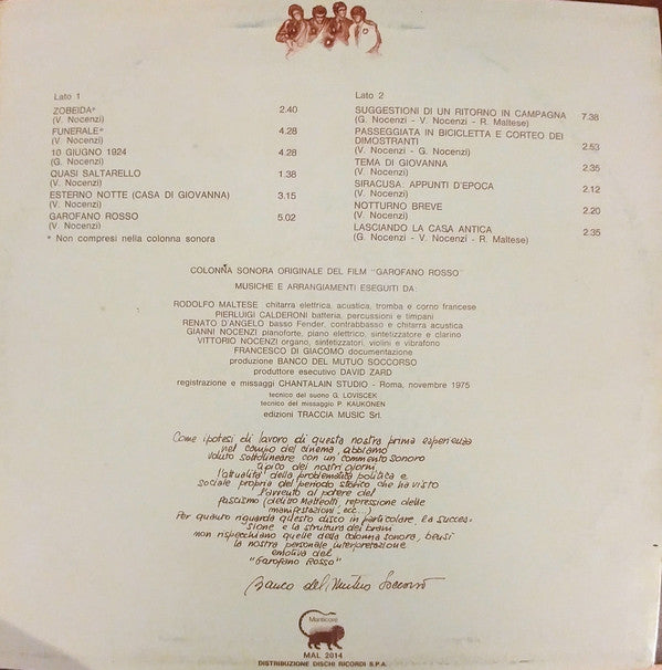 Banco Del Mutuo Soccorso : Garofano Rosso (Colonna Sonora Originale Del Film) (LP, Album)