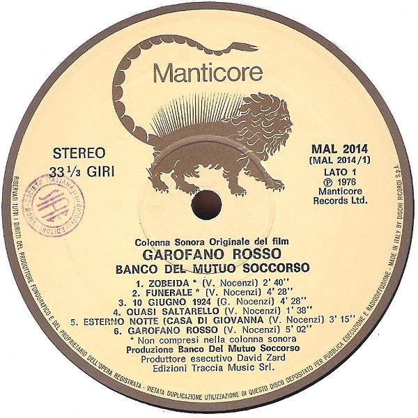 Banco Del Mutuo Soccorso : Garofano Rosso (Colonna Sonora Originale Del Film) (LP, Album)