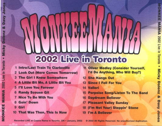 The Monkees Starring Davy Jones & Micky Dolenz : MonkeeMania 2002 Live In Toronto (CD, Album)