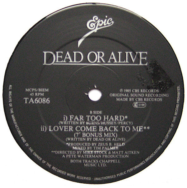 Dead Or Alive : Lover Come Back To Me (12", Single, Mat)
