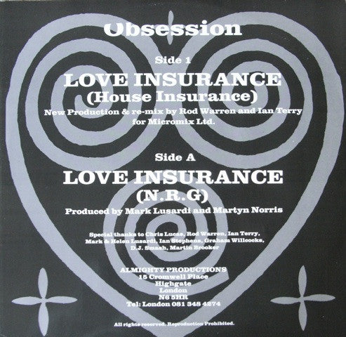 Obsession : Love Insurance (House & N.R.G. Mixes) (12")
