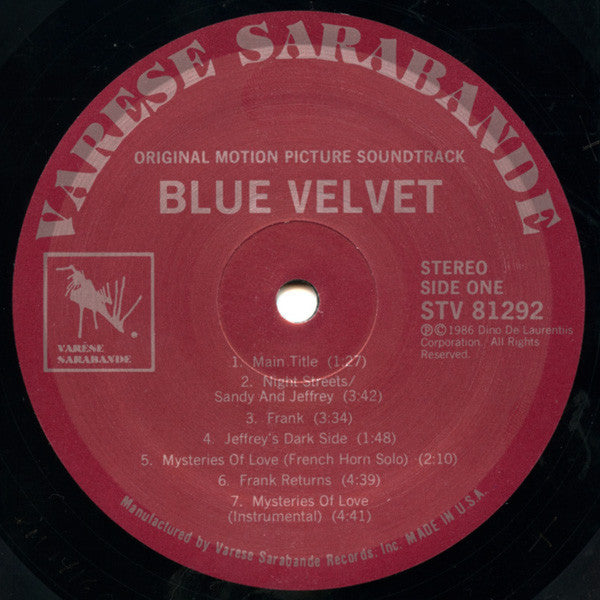 Angelo Badalamenti : Blue Velvet (Original Motion Picture Soundtrack) (LP, Album)