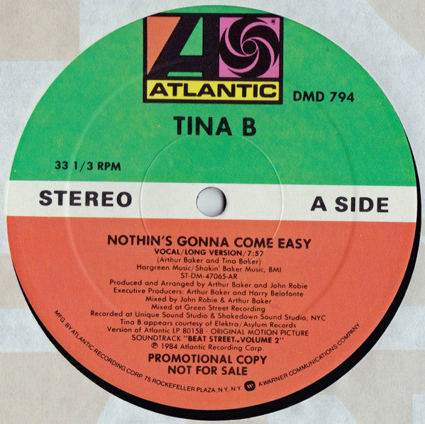 Tina B : Nothin's Gonna Come Easy (12", Promo, AR )
