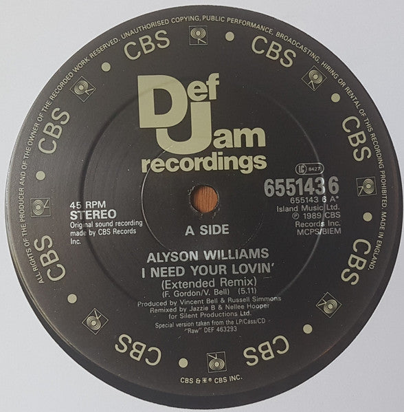 Alyson Williams : I Need Your Lovin' (Extended Remix) (12")
