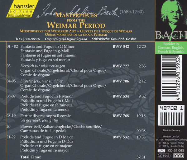 Johann Sebastian Bach - Kay Johannsen : Masterpieces From The Weimar Period = Meisterwerke Der Weimarer Zeit = Œuvres De L'Époque De Weimar (CD, Album)
