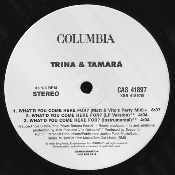 Trina & Tamara : What'd You Come Here For? (Remixes) (12", Single, Promo)