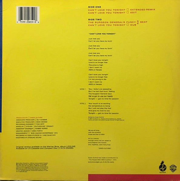 Gwen Guthrie : Can't Love You Tonight (12", Maxi, All)