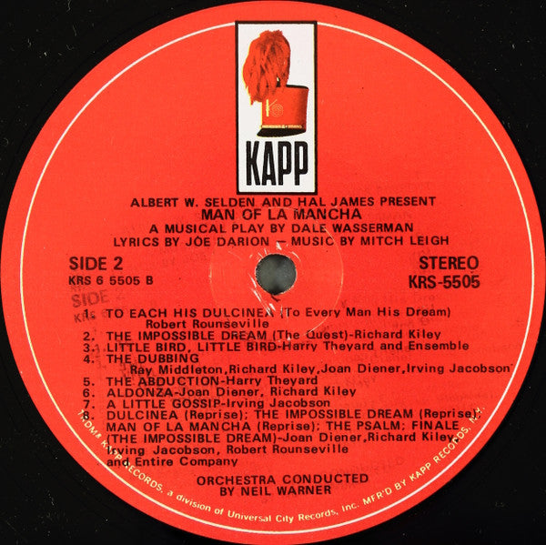 "Man Of La Mancha" Original Broadway Cast, Richard Kiley, Joan Diener, Irving Jacobson, Robert Rounseville, Ray Middleton : Man Of La Mancha (LP, RE)