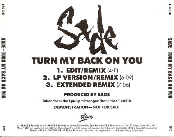 Sade : Turn My Back On You (CD, Single, Promo)