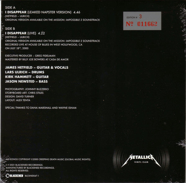 Metallica : Disappear (Leaked And Live) (7", Club, Num)