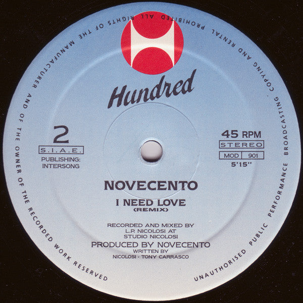 Novecento : I Need Love (12")