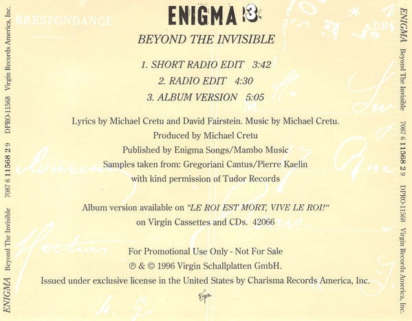 Enigma : Beyond The Invisible (CD, Single, Promo)