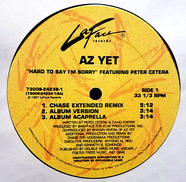 Az Yet Featuring Peter Cetera : Hard To Say I'm Sorry (12", Maxi)