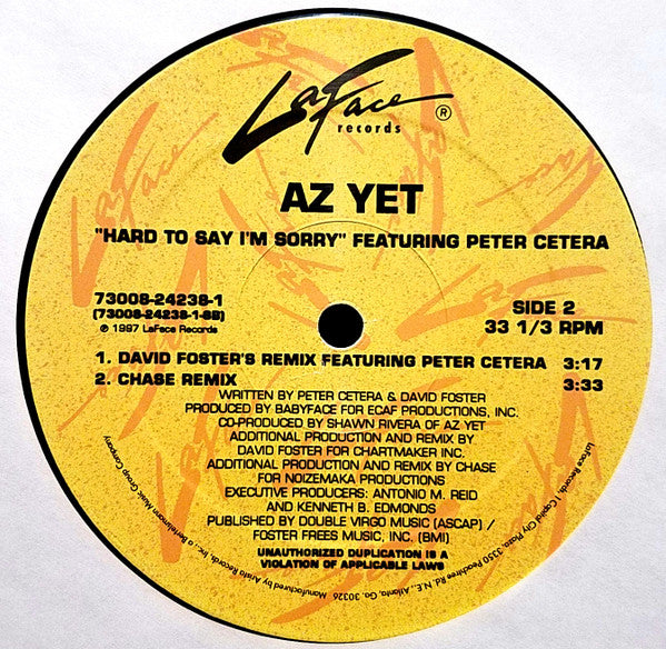 Az Yet Featuring Peter Cetera : Hard To Say I'm Sorry (12", Maxi)