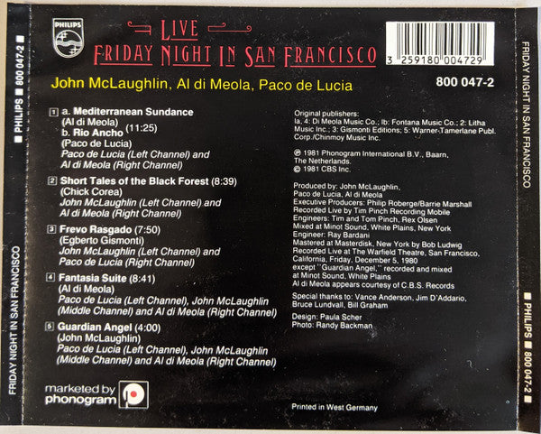 John McLaughlin, Al Di Meola, Paco De Lucía : Friday Night In San Francisco (CD, Album, Red)