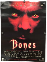 A Bones motion picture poster featuring a dark red and black face with glowing red eyes and the title 'Bones' in large red lettering, with Snoop Dogg and other cast names printed below.