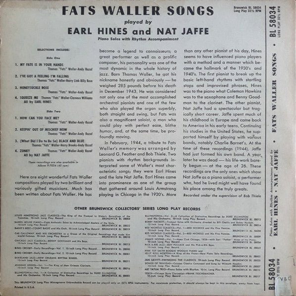 Earl Hines And Nat Jaffe : Fats Waller Songs (10", Album)