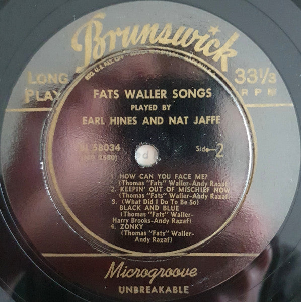 Earl Hines And Nat Jaffe : Fats Waller Songs (10", Album)
