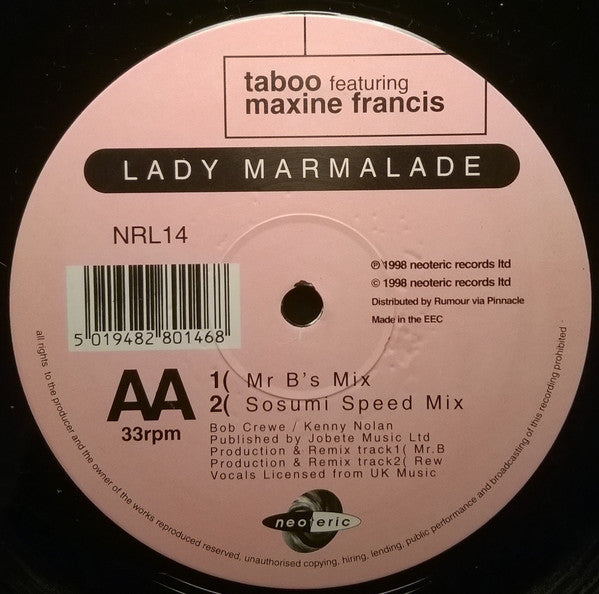 Taboo (10) Featuring Maxine Francis : Lady Marmalade (12")