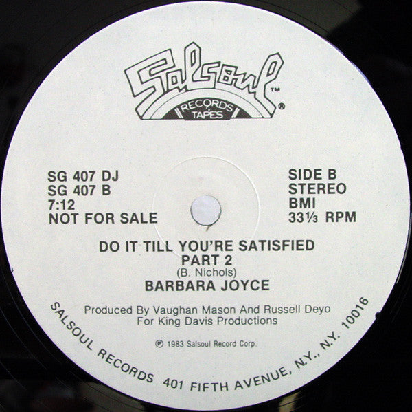 Barbara Joyce : Do It Till You're Satisfied (12", Single, Promo)