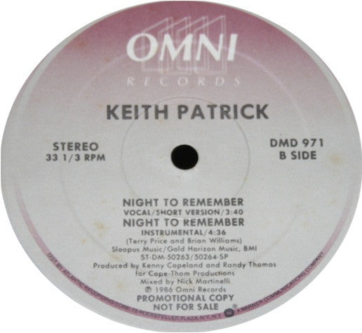 Keith Patrick : Night To Remember (12", Promo)