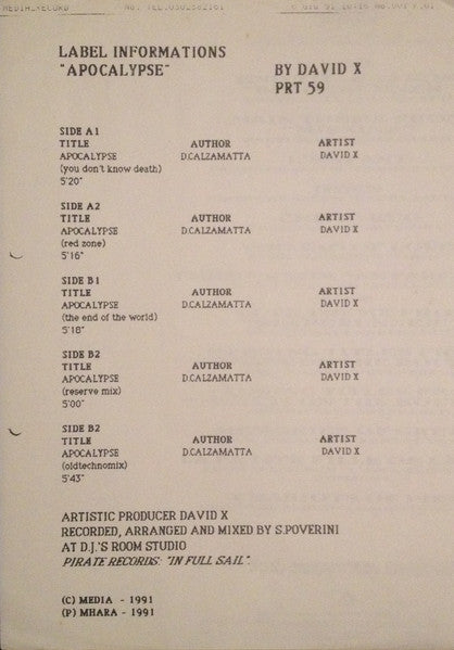 David X : Apocalypse (12", Promo, W/Lbl)