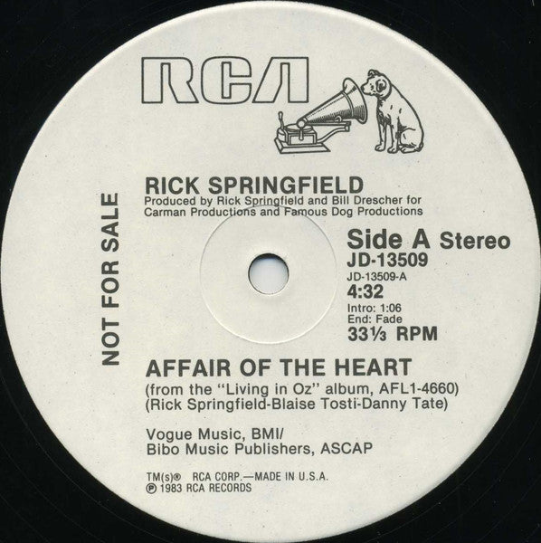Rick Springfield : Affair Of The Heart (12", Single, Promo)