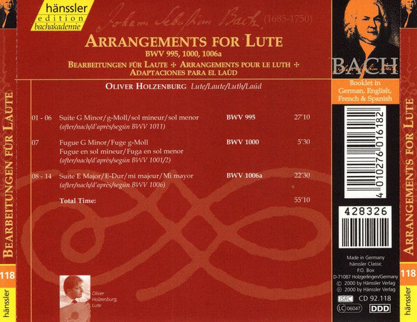 Oliver Holzenburg : Arrangements For Lute BWV 995, 1000, 1006a (CD)
