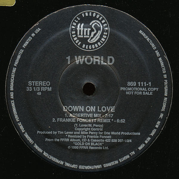 1 World : Down On Love (12", Promo)