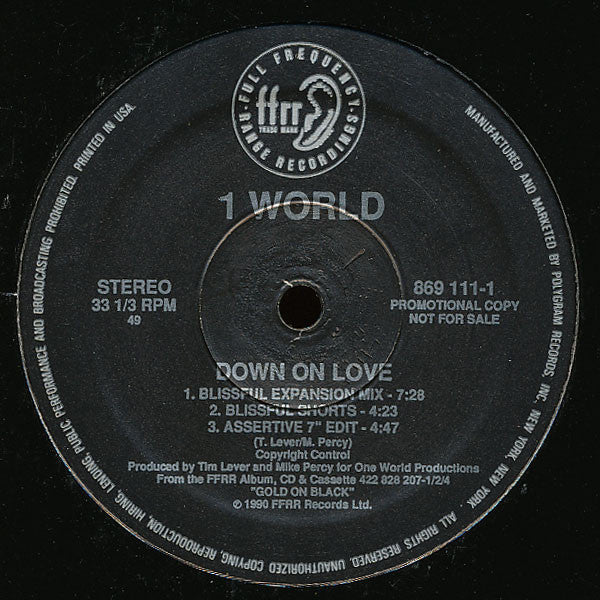 1 World : Down On Love (12", Promo)