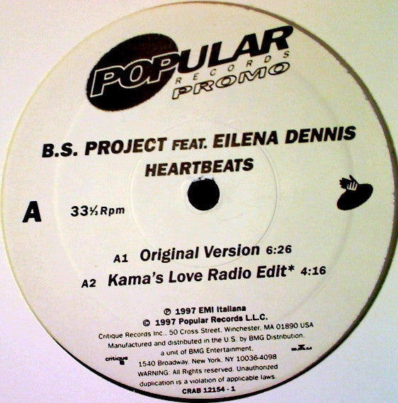B.S. Project Feat. Eilena Dennis* : Heartbeats (12", Promo)