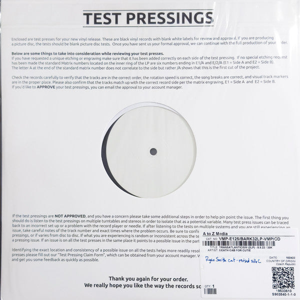 Death Cab For Cutie : Transatlanticism (2xLP, Album, RE, Tes)