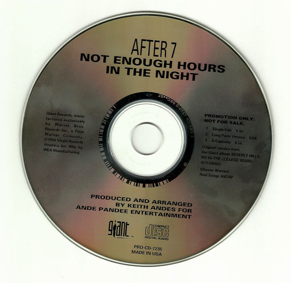 After 7 : Not Enough Hours In The Night (CD, Single, Promo)