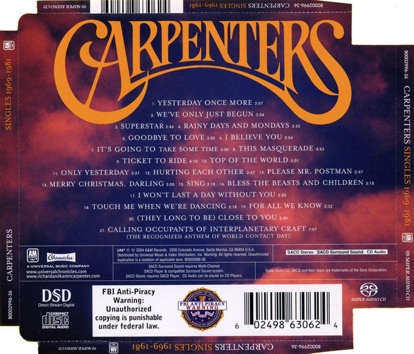 Carpenters : Singles 1969-1981 (SACD, Hybrid, Multichannel, Comp, RE)