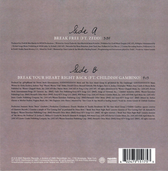 Ariana Grande : Break Free (7", Single, Ltd, Pin)