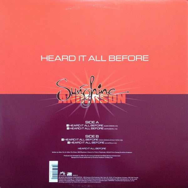Sunshine Anderson : Heard It All Before (12", Single)