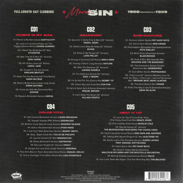 Various : Disco Discharge Presents More Sin - Box Of Sin Volume 2 (Full-Length Gay Clubbing 1980-1989) (5xCD, Comp + Box)