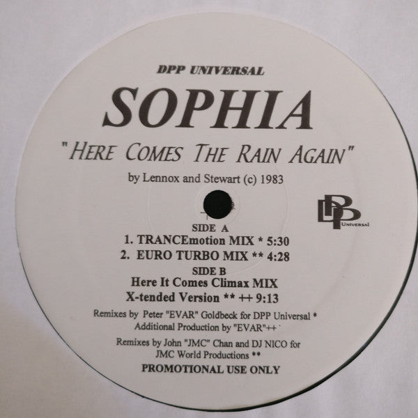Sophia (61) : Here Comes The Rain Again (12", Promo)