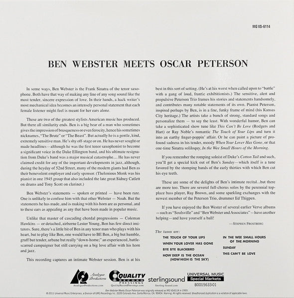 Ben Webster Meets Oscar Peterson : Ben Webster Meets Oscar Peterson (2x12", Album, Ltd, RE, RM, 200)