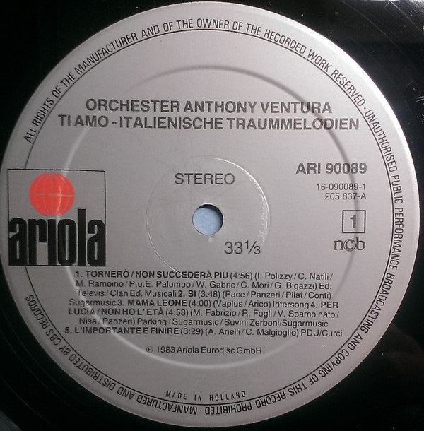 Orchester Anthony Ventura : Ti Amo - Italienische Traummelodien (LP, Album)