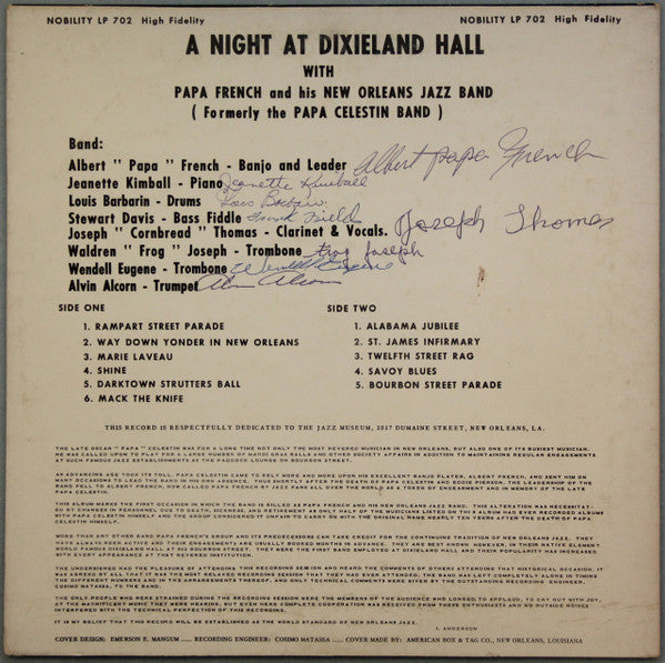 "Papa" French And His New Orleans Jazz Band : A Night At Dixieland Hall (LP, Album, Mono)