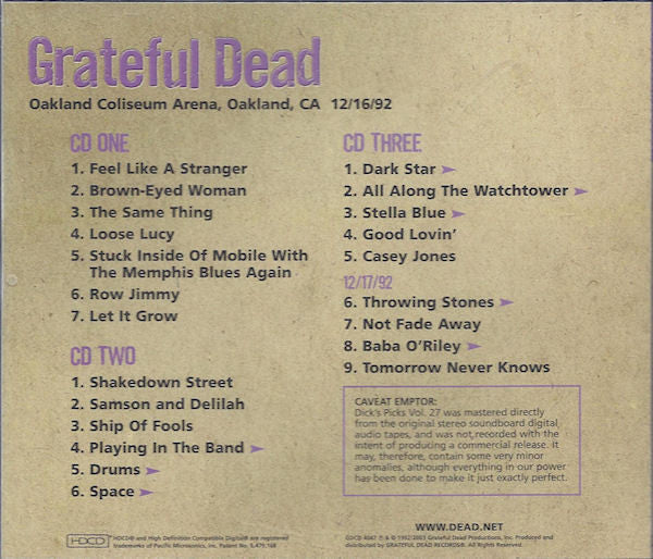 Grateful Dead* : Dick's Picks 27: Oakland Coliseum Arena, Oakland, CA December 16 1992 (3xHDCD, Album)