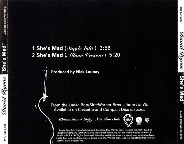 David Byrne : She's Mad (CD, Single, Promo)